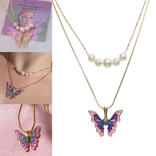 New Fashion Women Butterfly Double Necklaces Barbie Princess Pop Pearl  Necklace Choker Chains Jewelry Girls Christmas Gifts - Necklace - AliExpress
